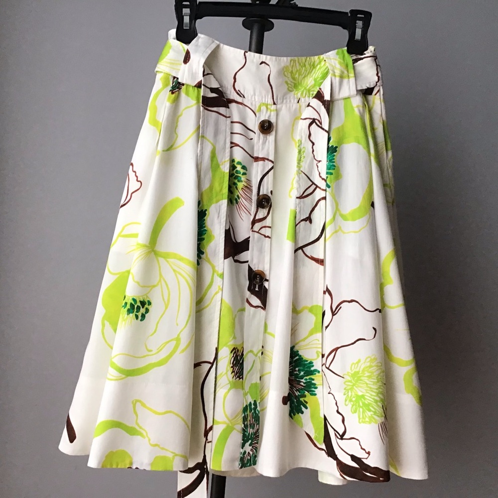 Zara white neon green floral print cotton midi skirt size Medium